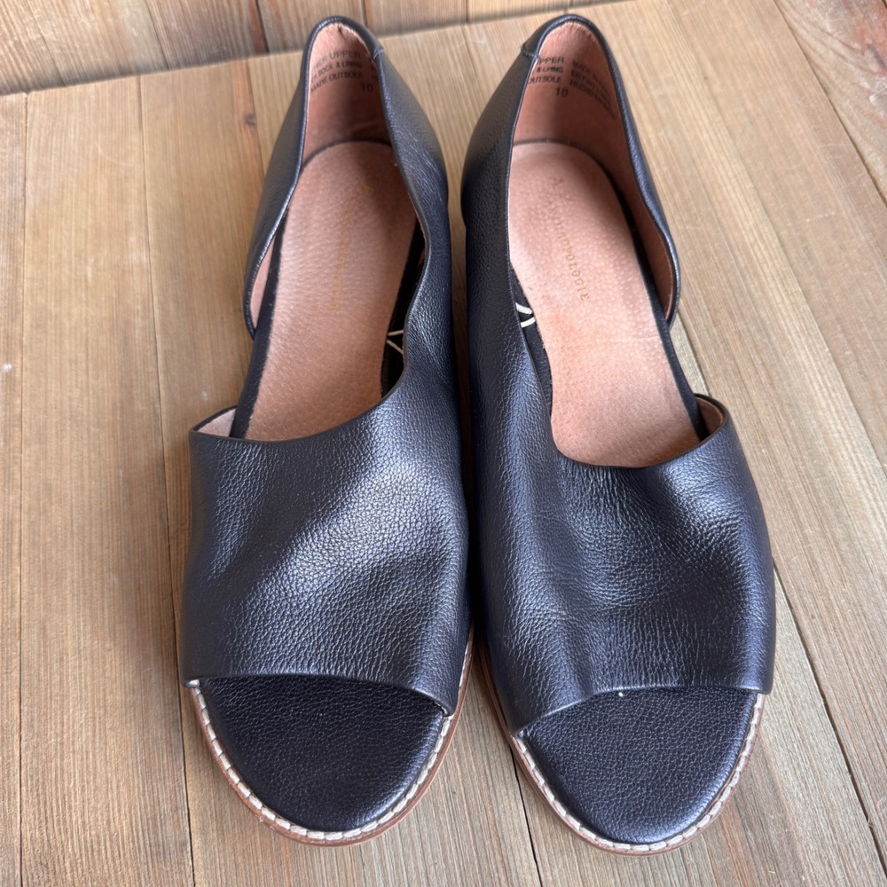 Anthropologie Black Pebbled Leather D'Orsay Souvenir Open Toe Flats Size 10